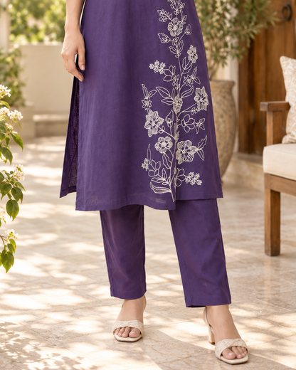 Purple Flora Dori Embroidery Cotton Flex Co-ord Set