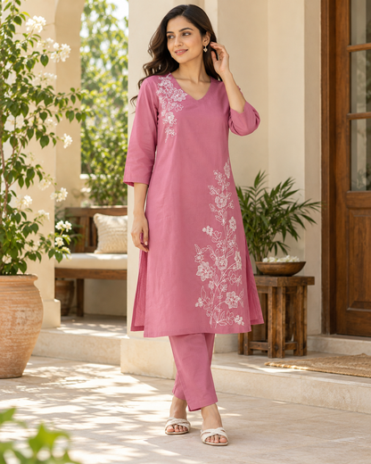 Rosé Flora Dori Embroidery Cotton Flex Co-ord Set