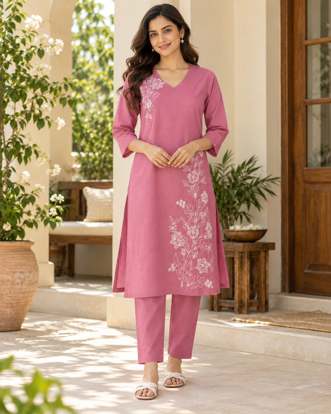 Rosé Flora Dori Embroidery Cotton Flex Co-ord Set