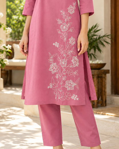Rosé Flora Dori Embroidery Cotton Flex Co-ord Set