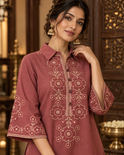 Rosewood Vallari Embroidered Cotton Flex Co-ord Set