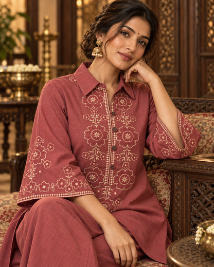 Rosewood Vallari Embroidered Cotton Flex Co-ord Set