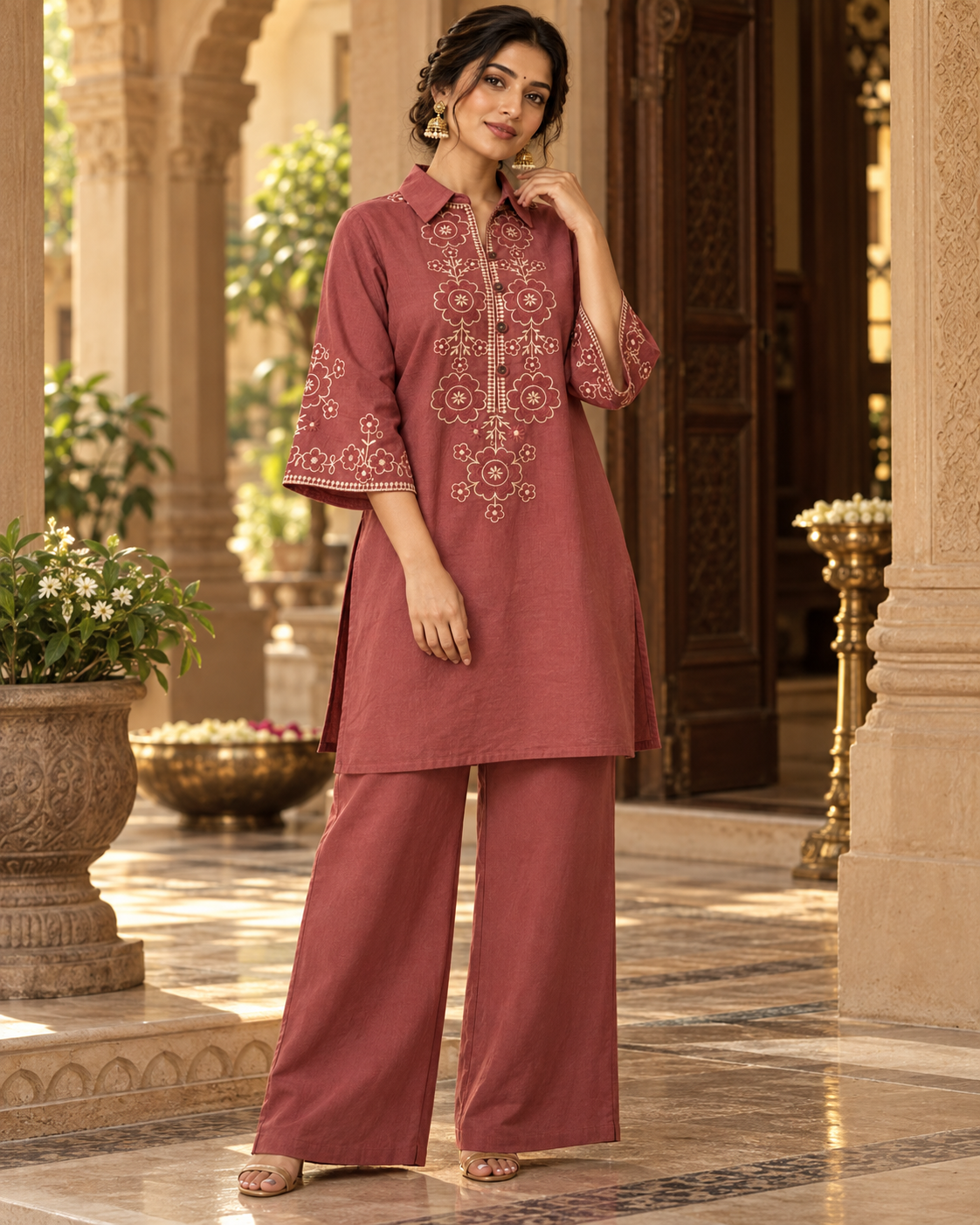 Rosewood Vallari Embroidered Cotton Flex Co-ord Set