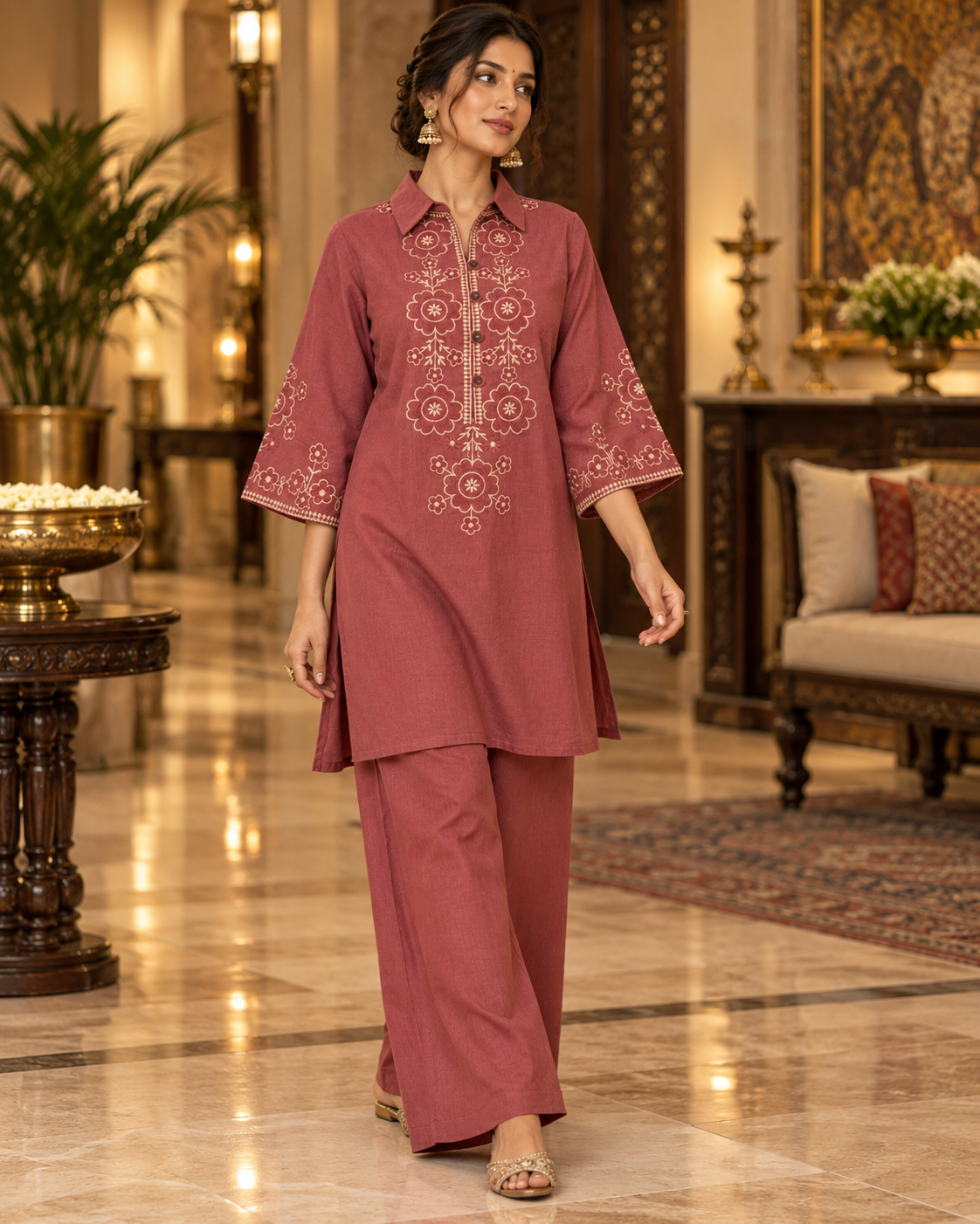 Rosewood Vallari Embroidered Cotton Flex Co-ord Set