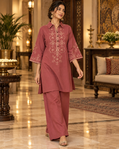 Rosewood Vallari Embroidered Cotton Flex Co-ord Set