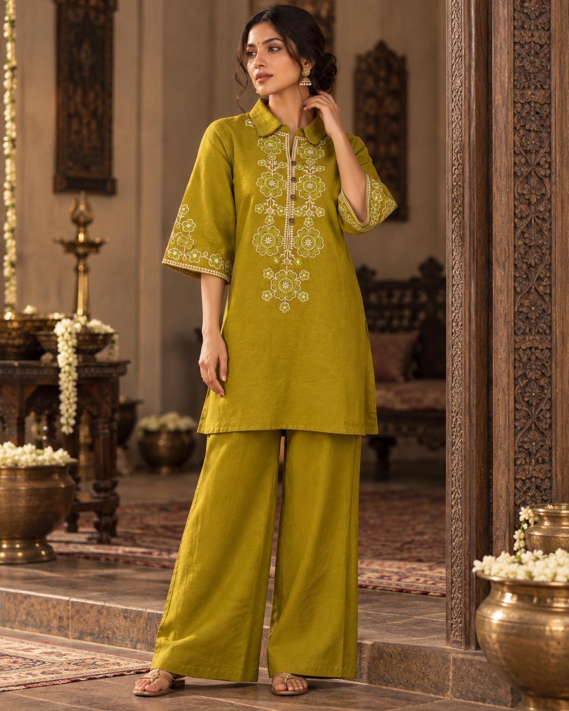 Olive Vallari Embroidered Cotton Flex Co-ord Set