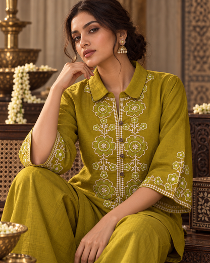 Olive Vallari Embroidered Cotton Flex Co-ord Set