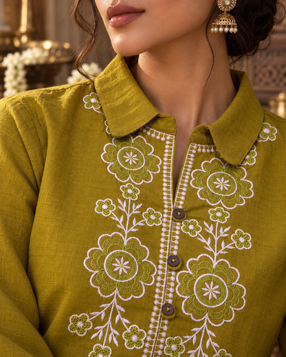 Olive Vallari Embroidered Cotton Flex Co-ord Set
