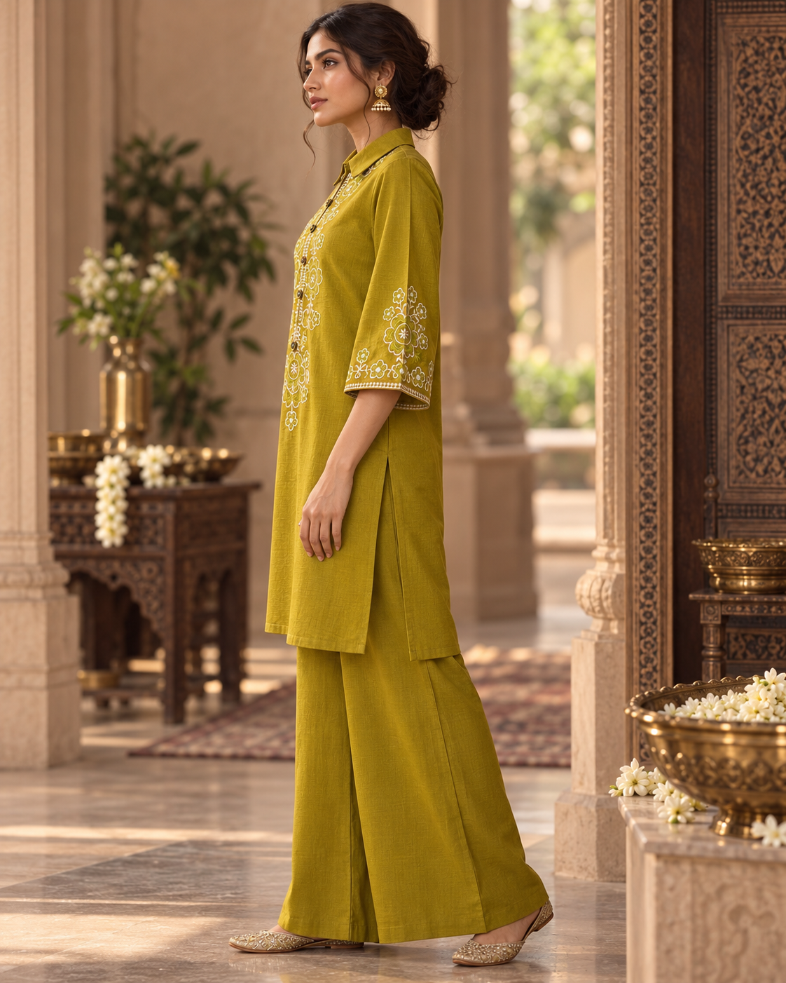 Olive Vallari Embroidered Cotton Flex Co-ord Set