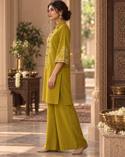 Olive Vallari Embroidered Cotton Flex Co-ord Set
