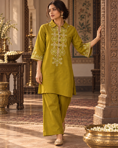 Olive Vallari Embroidered Cotton Flex Co-ord Set