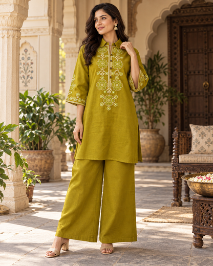 Olive Vallari Embroidered Cotton Flex Co-ord Set