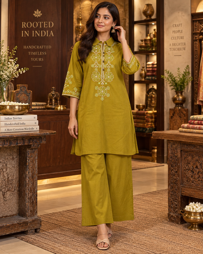 Olive Vallari Embroidered Cotton Flex Co-ord Set