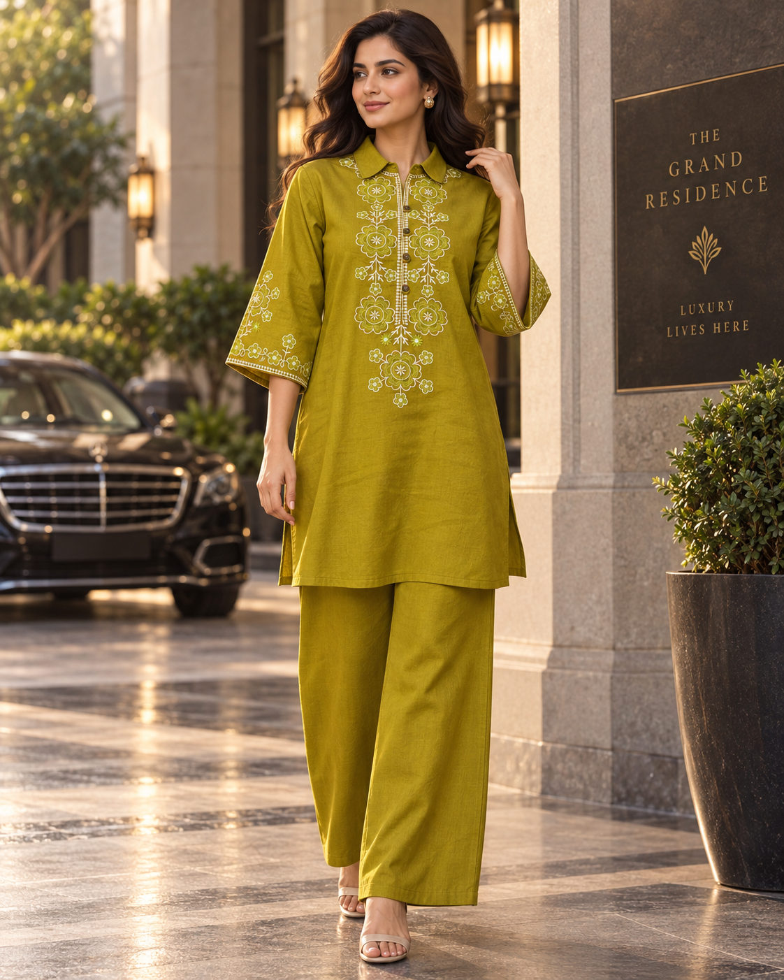 Olive Vallari Embroidered Cotton Flex Co-ord Set