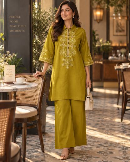 Olive Vallari Embroidered Cotton Flex Co-ord Set