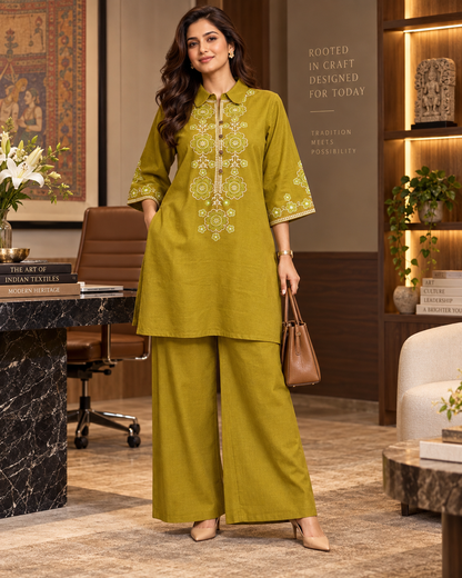 Olive Vallari Embroidered Cotton Flex Co-ord Set