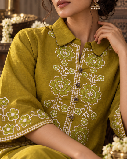 Olive Vallari Embroidered Cotton Flex Co-ord Set