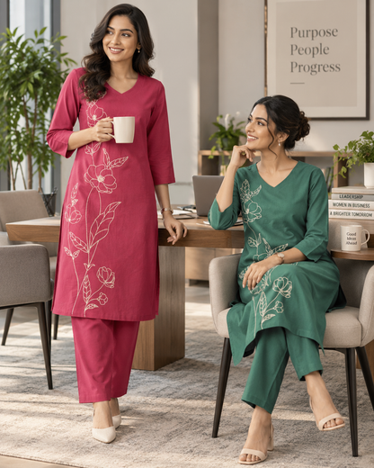 Sage Bloom Dori Embroidery Cotton Flex Co-ord Set