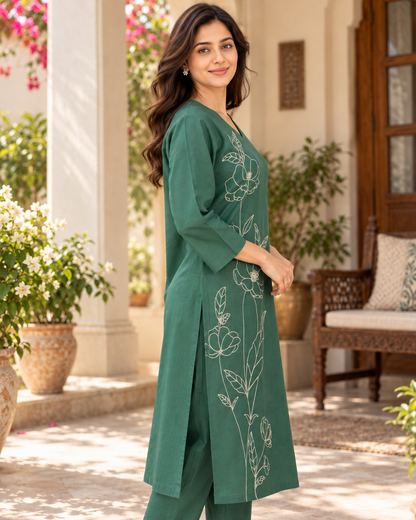 Sage Bloom Dori Embroidery Cotton Flex Co-ord Set