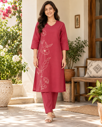 Berry Bloom Dori Embroidery Cotton Flex Co-ord Set