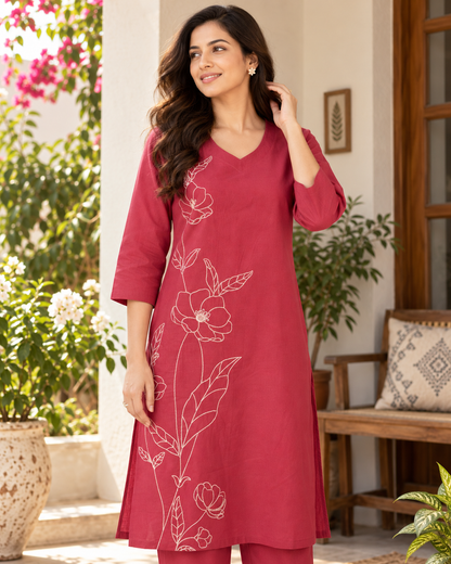 Berry Bloom Dori Embroidery Cotton Flex Co-ord Set