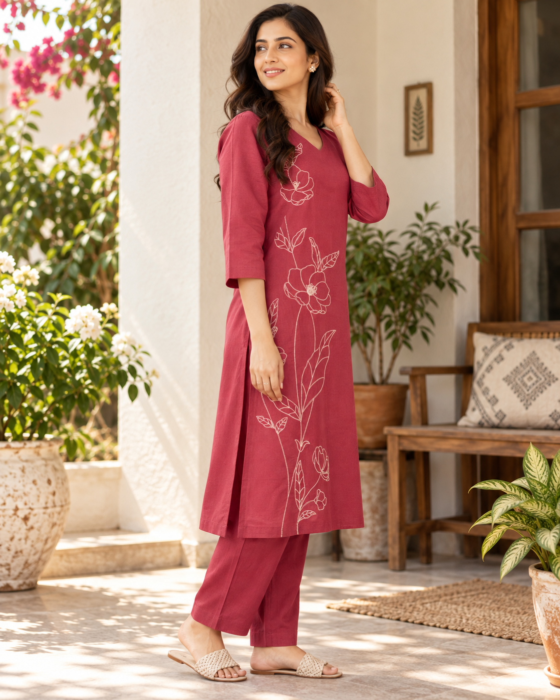 Berry Bloom Dori Embroidery Cotton Flex Co-ord Set