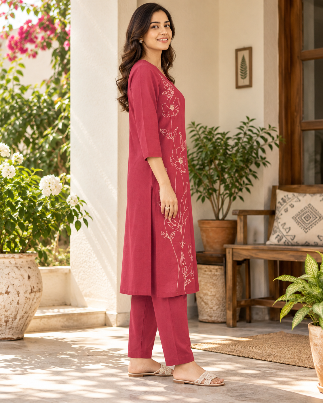 Berry Bloom Dori Embroidery Cotton Flex Co-ord Set