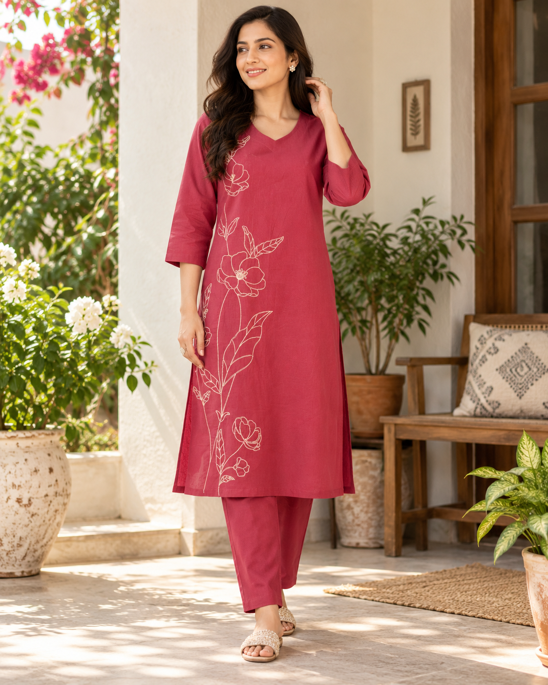 Berry Bloom Dori Embroidery Cotton Flex Co-ord Set