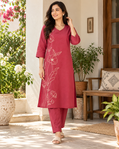 Berry Bloom Dori Embroidery Cotton Flex Co-ord Set