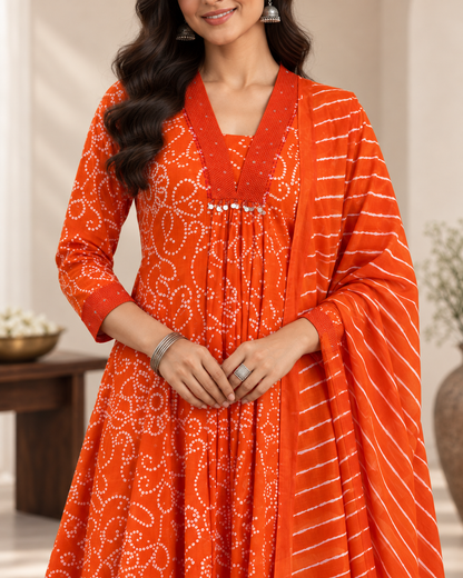 Narangi Bandhej Pure Cotton Suit Set