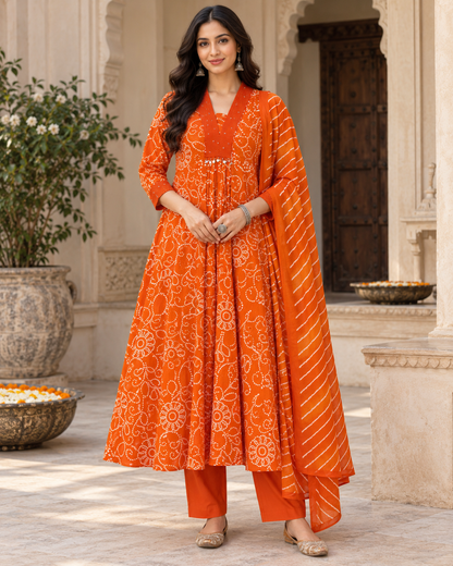 Narangi Bandhej Pure Cotton Suit Set