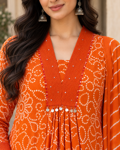 Narangi Bandhej Pure Cotton Suit Set