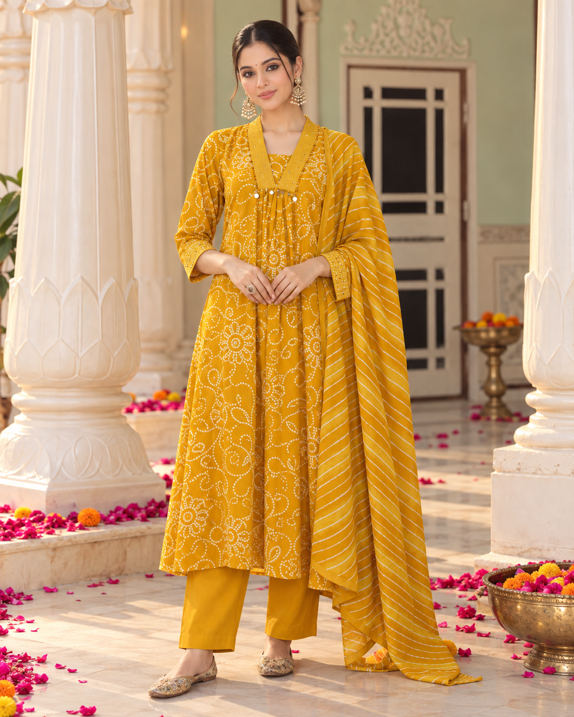 Haldi Bandhej Pure Cotton Suit Set