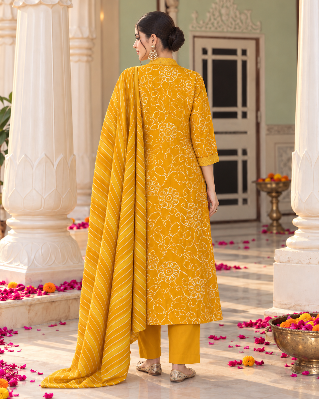 Haldi Bandhej Pure Cotton Suit Set
