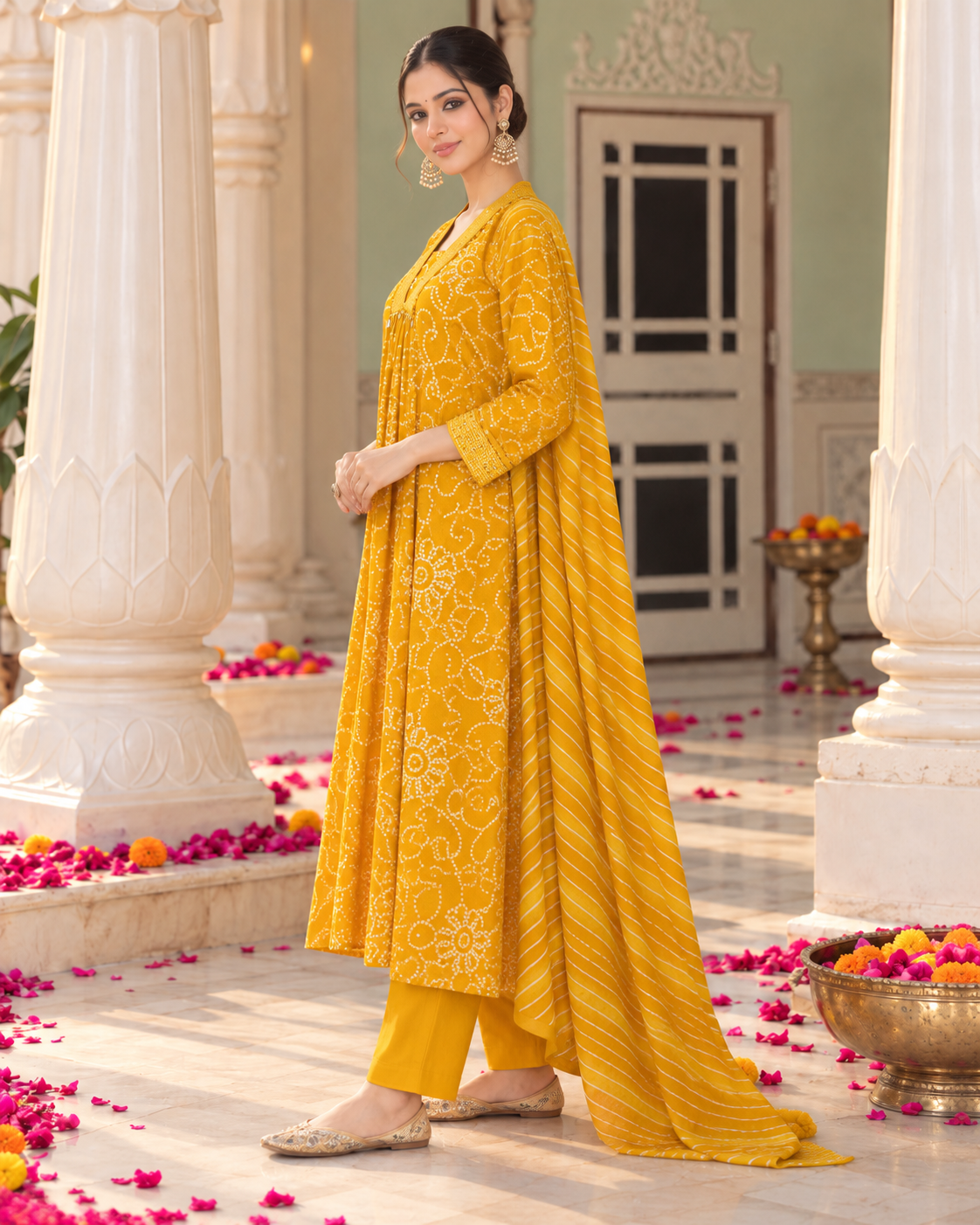 Haldi Bandhej Pure Cotton Suit Set
