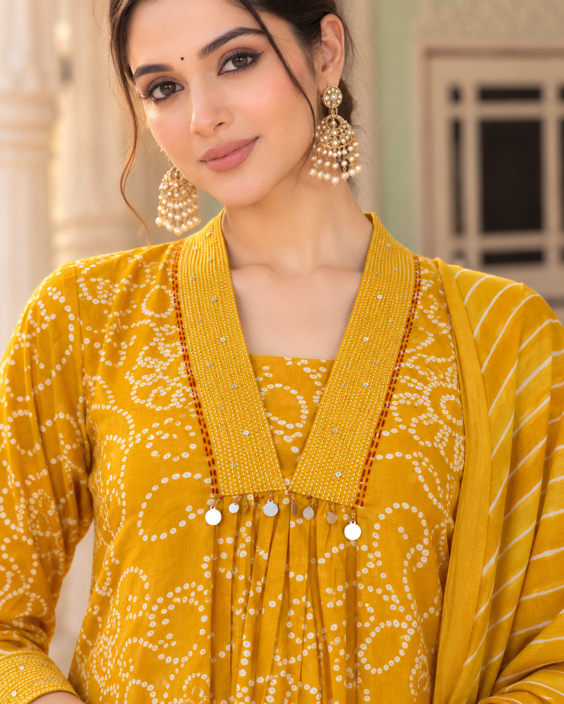 Haldi Bandhej Pure Cotton Suit Set