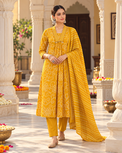 Haldi Bandhej Pure Cotton Suit Set