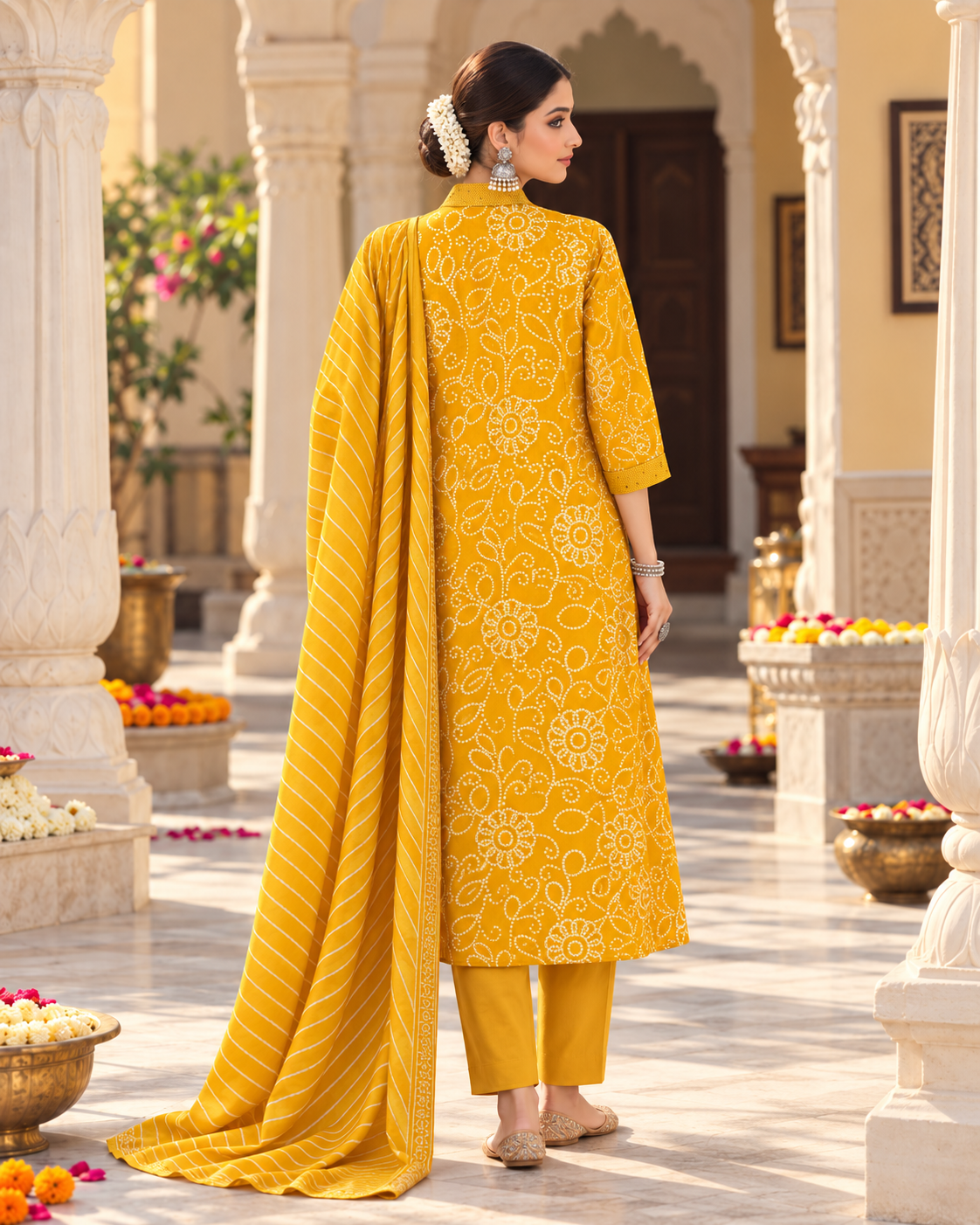 Haldi Bandhej Pure Cotton Suit Set