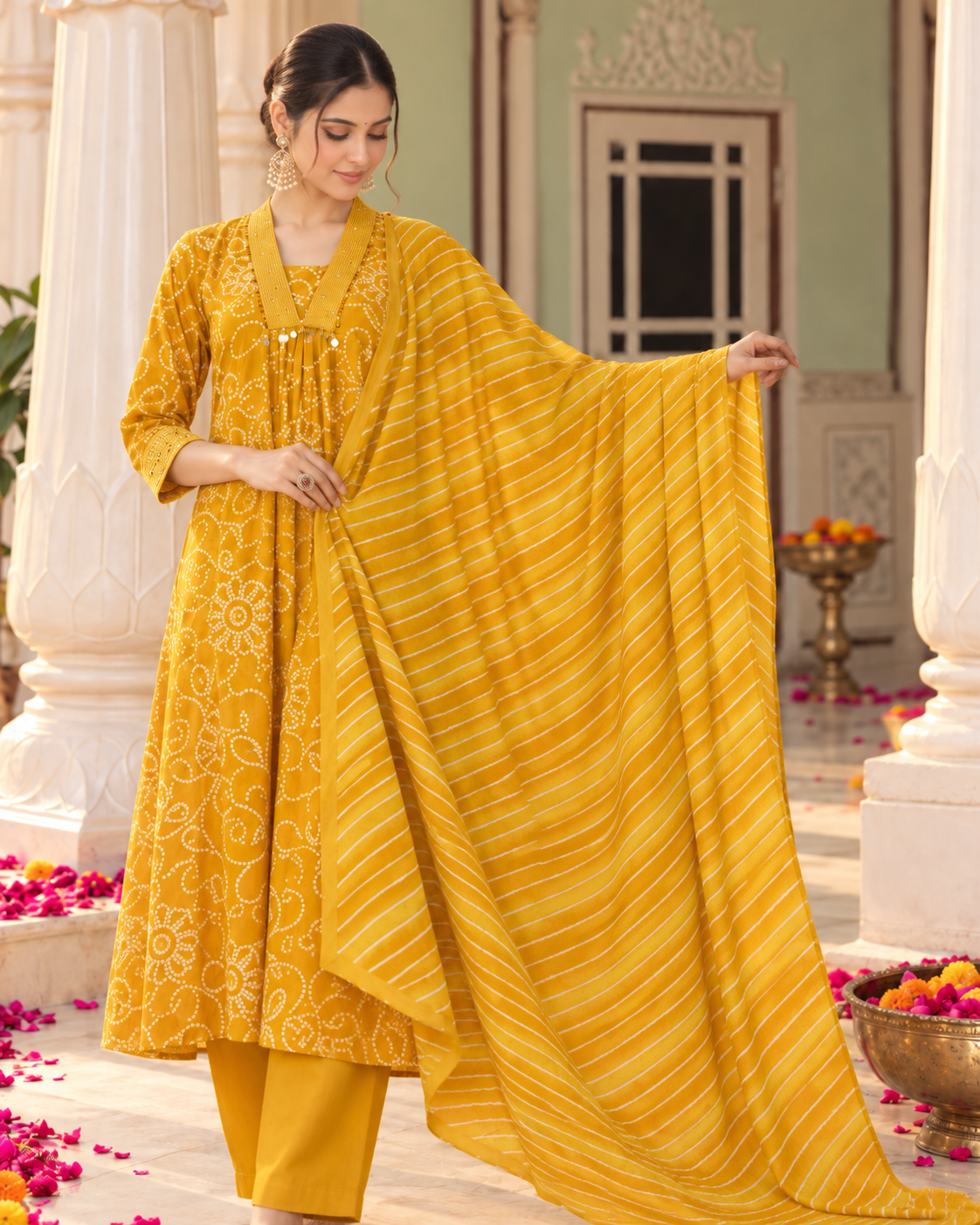 Haldi Bandhej Pure Cotton Suit Set