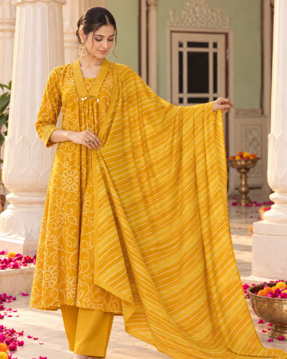 Haldi Bandhej Pure Cotton Suit Set