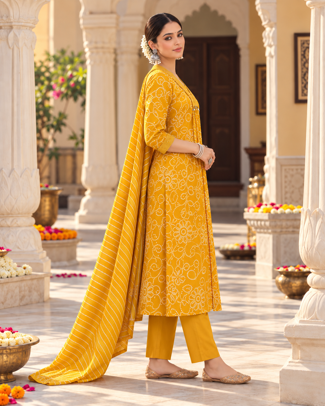 Haldi Bandhej Pure Cotton Suit Set