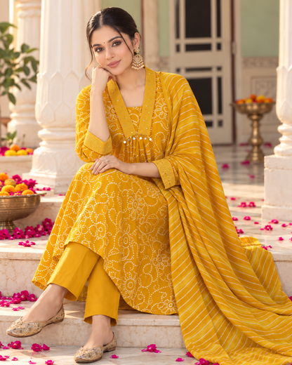 Haldi Bandhej Pure Cotton Suit Set