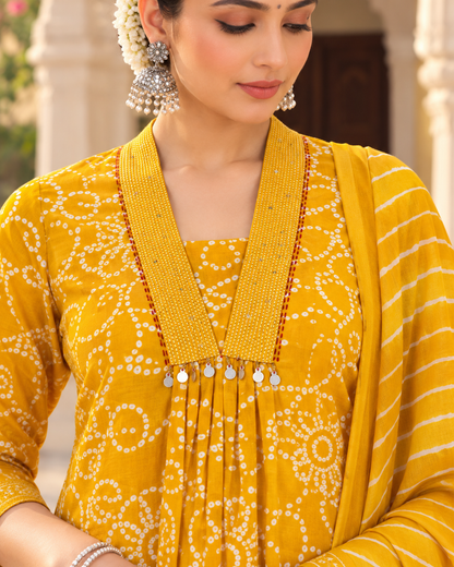 Haldi Bandhej Pure Cotton Suit Set