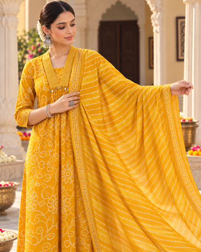 Haldi Bandhej Pure Cotton Suit Set