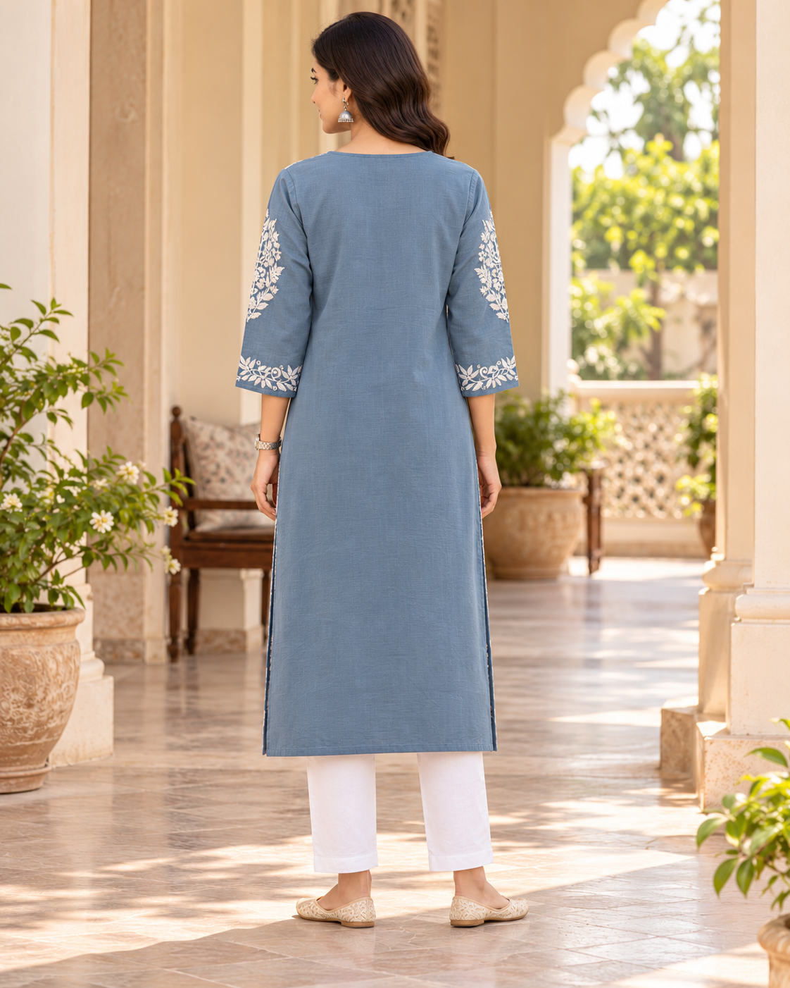 Blue Grey Embroidered Cotton Kurta