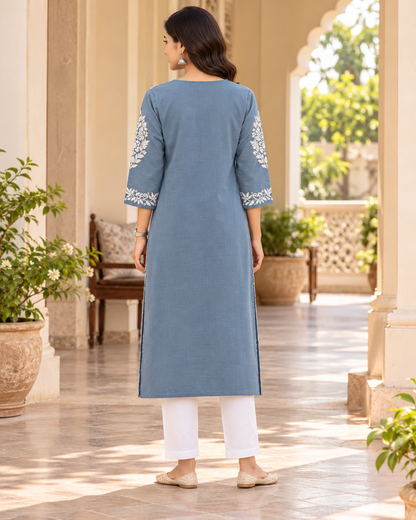 Blue Grey Embroidered Cotton Kurta