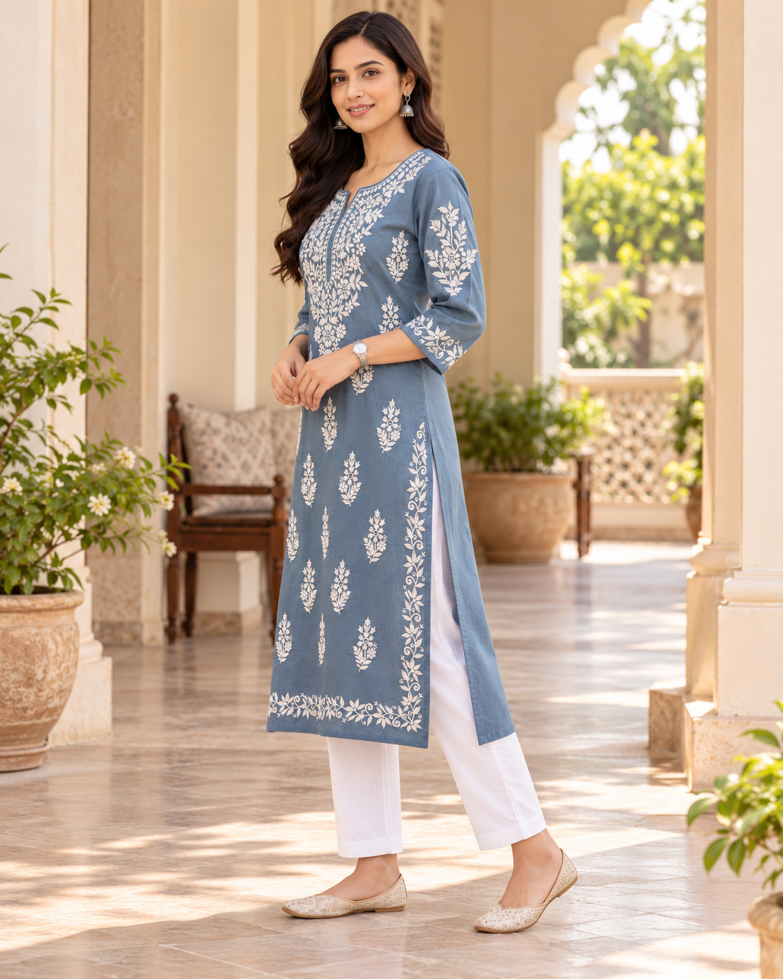Blue Grey Embroidered Cotton Kurta
