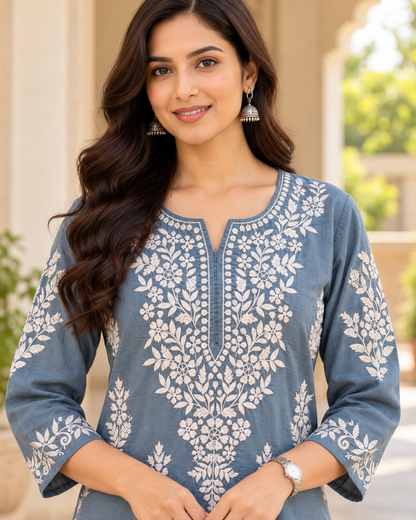 Blue Grey Embroidered Cotton Kurta