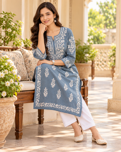 Blue Grey Embroidered Cotton Kurta