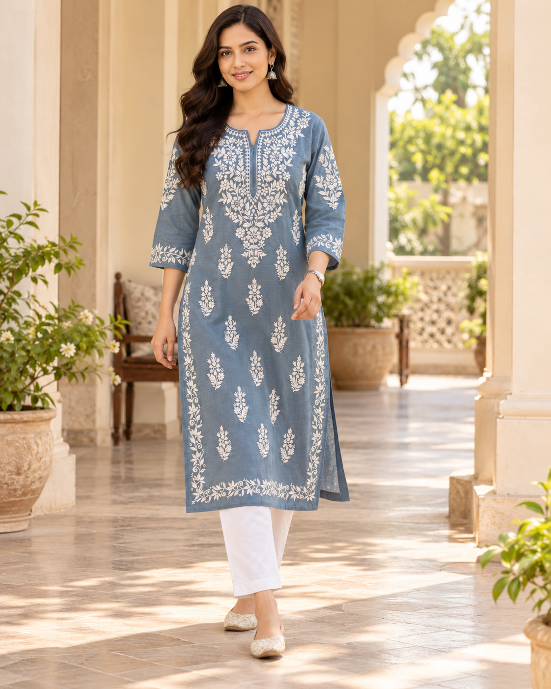 Blue Grey Embroidered Cotton Kurta